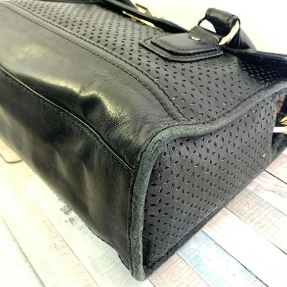 COLE HAAN BLACK PERFORATED GENUINE LEATHER MEDIUM SATCHEL SHOULDER BAG HANDBAG - Picture 7 of 9